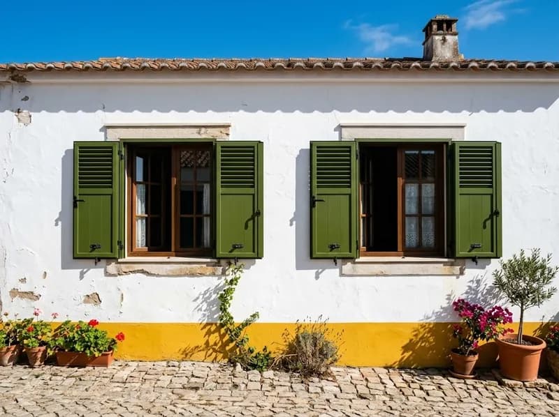 Portadas verdes em alumínio numa casa de aldeia