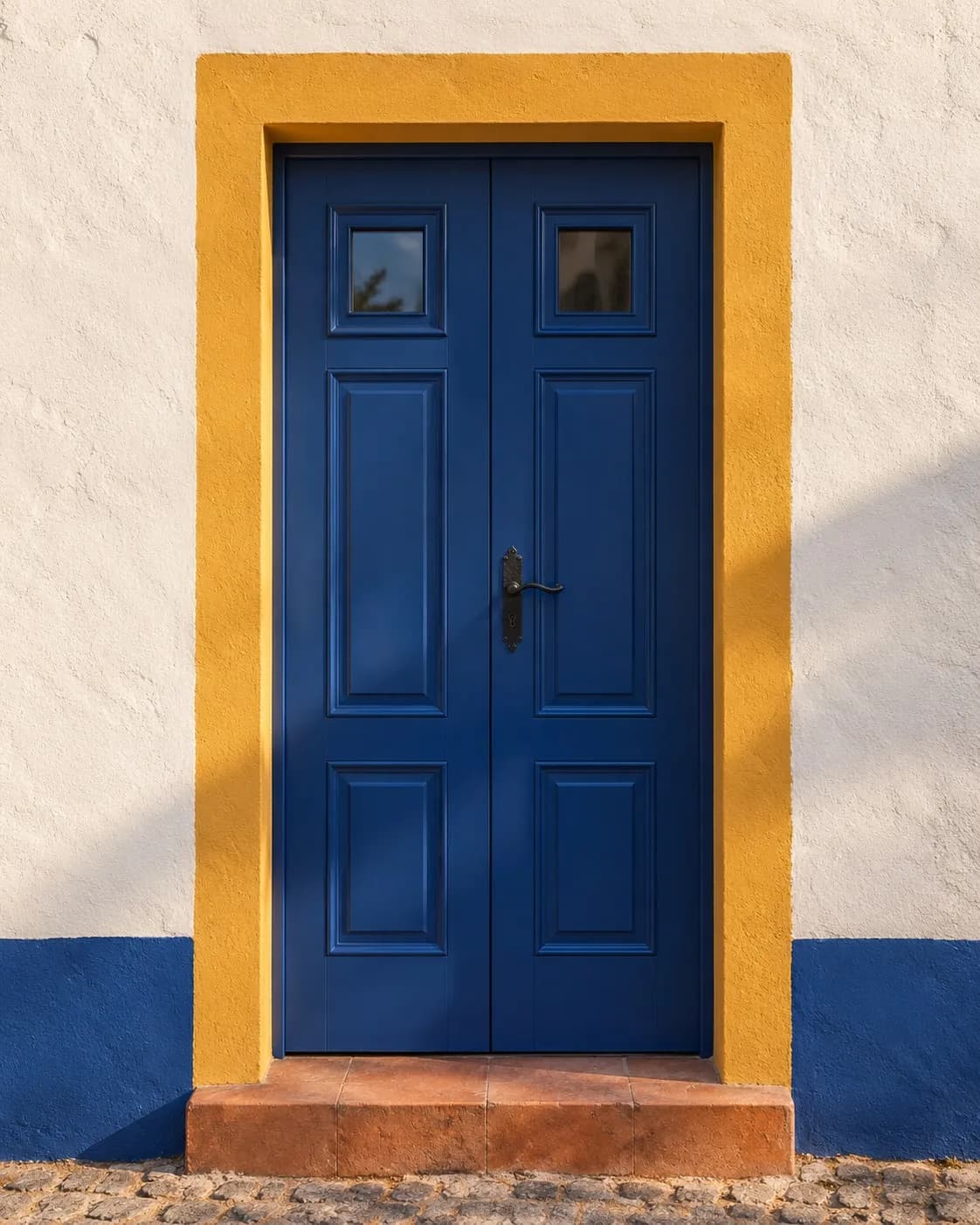 Porta alentejana em alumínio azul numa parede caiada